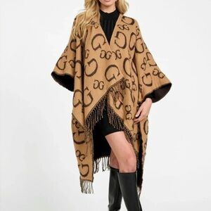 Guess Tan and Black Cape Elegant Outerwear